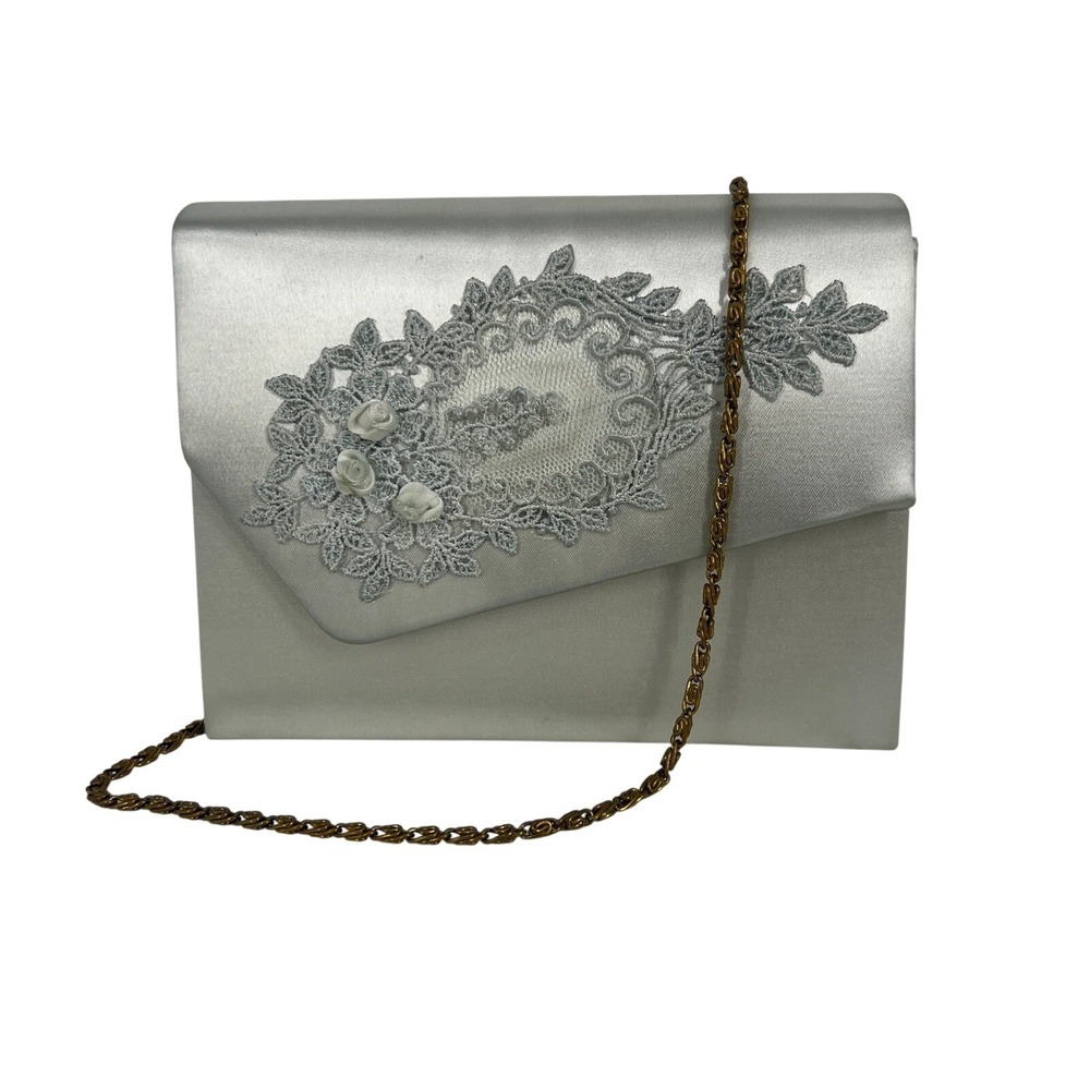 Vintage 60s Dyeables Silver Satin Lace Applique Evening Clutch Bag Chain Strap